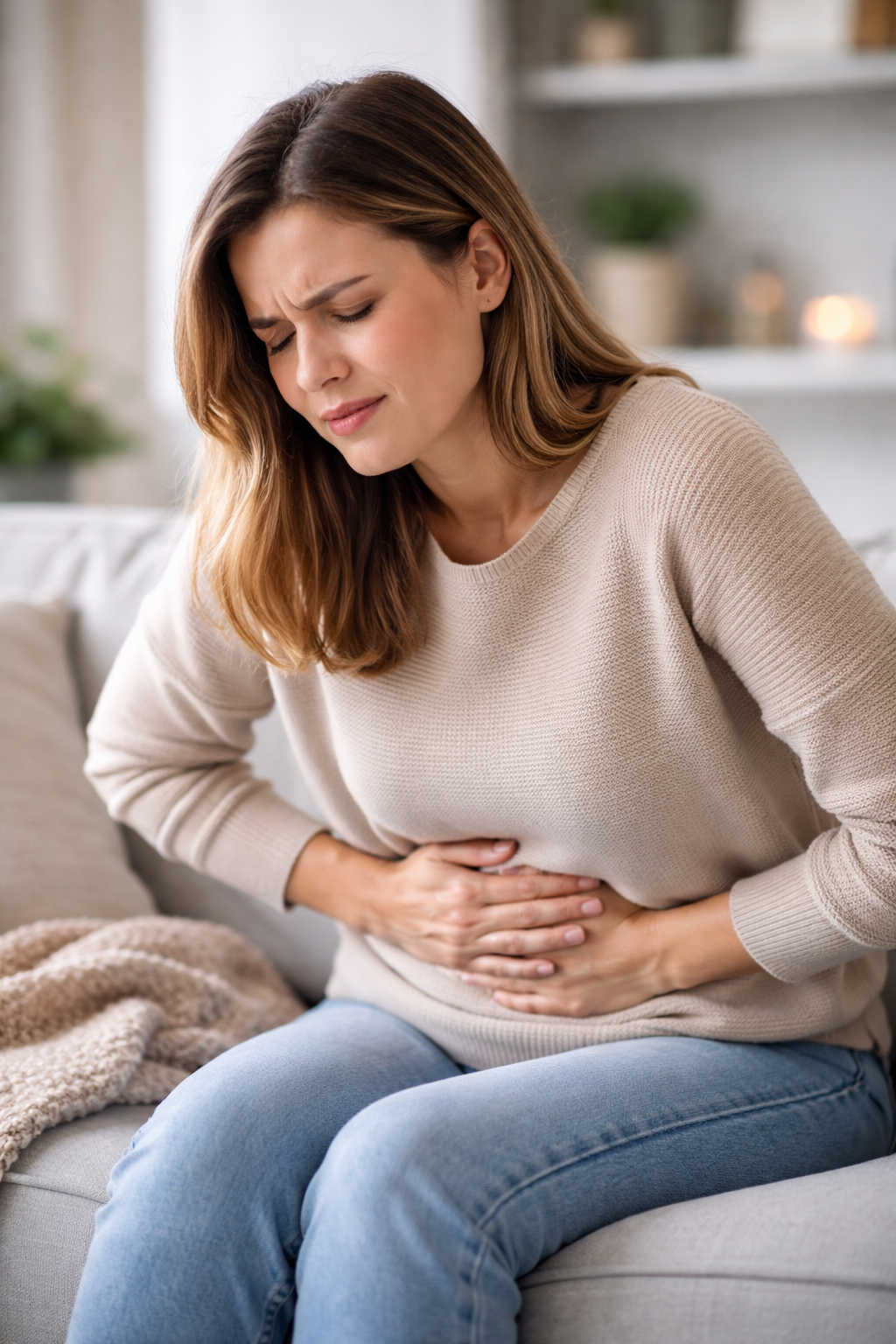 Kobieta trzyma się za brzuch z wyrazem bólu na twarzy