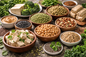 Miseczki pełne pełnowartościowych produktów spożywczych - tofu, orzechy, ciecierzyca