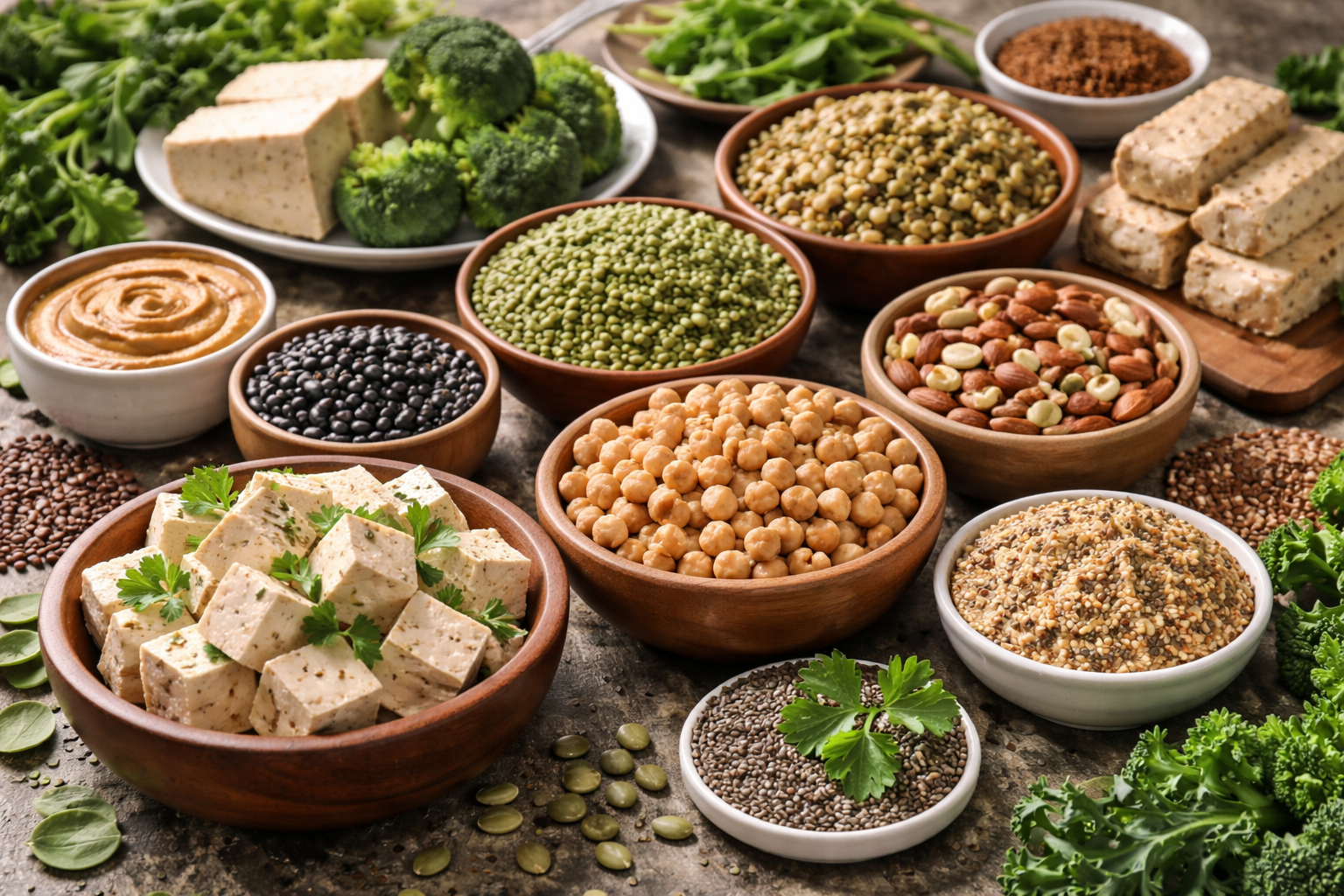 Miseczki pełne pełnowartościowych produktów spożywczych - tofu, orzechy, ciecierzyca