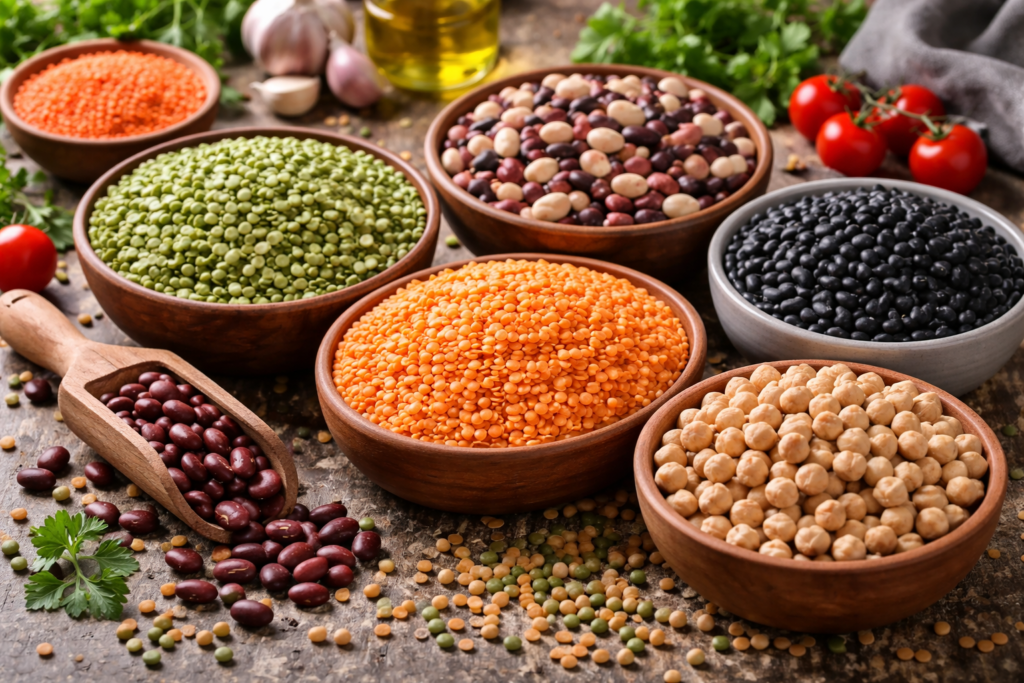 Miseczki zawierające różne rodzaje nasion strączków stosowanych w diecie roślinnej