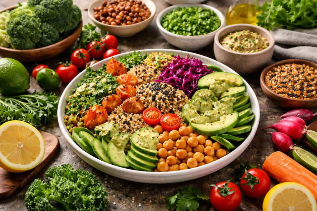 Posiłek wegański składający się z amarantusa, awokado i świeżych warzyw