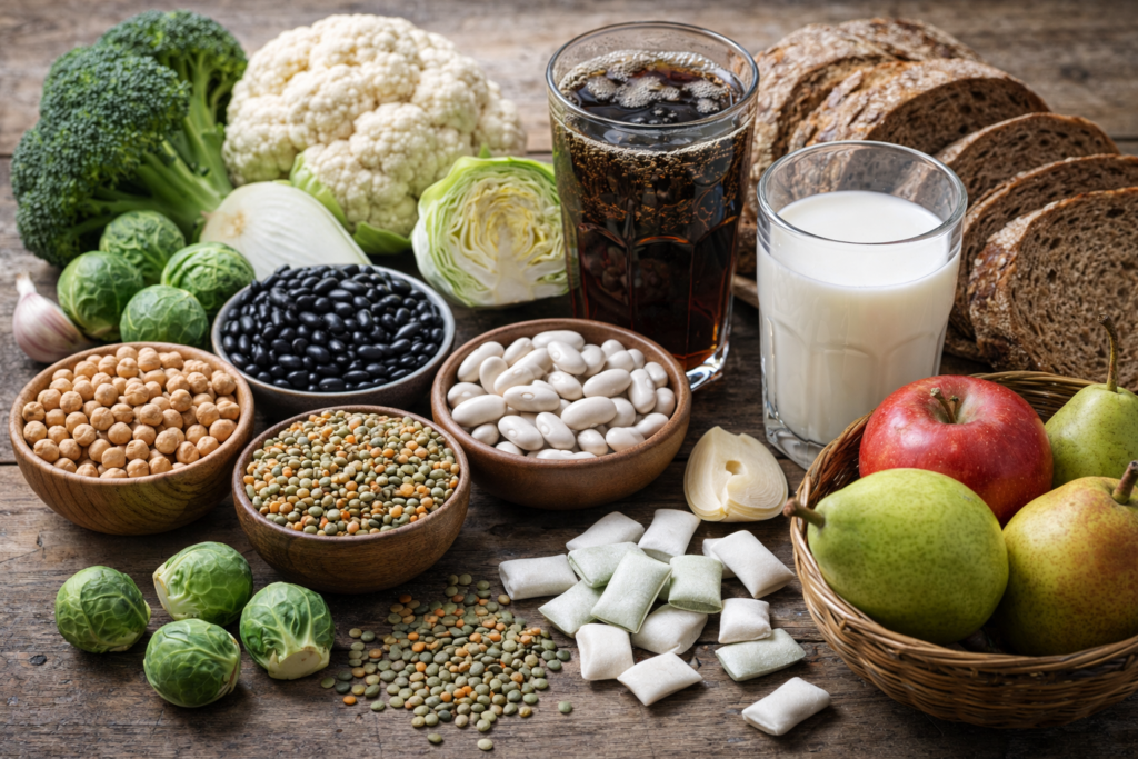 Stół, na którym stoją świeże warzywa, owoce i produkty pełnoziarniste wspierające pracę jelit