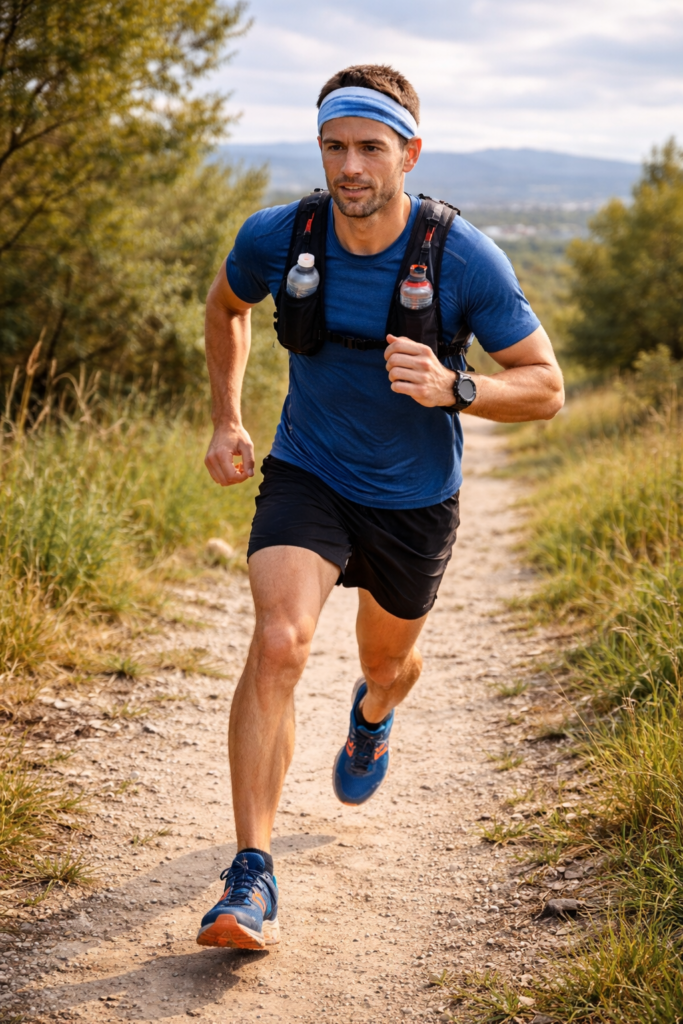 Biegacz trailowy w trakcie treningu w terenie