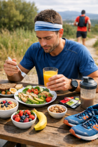 Biegacz ultra podczas posiłku na punkcie odzywczym