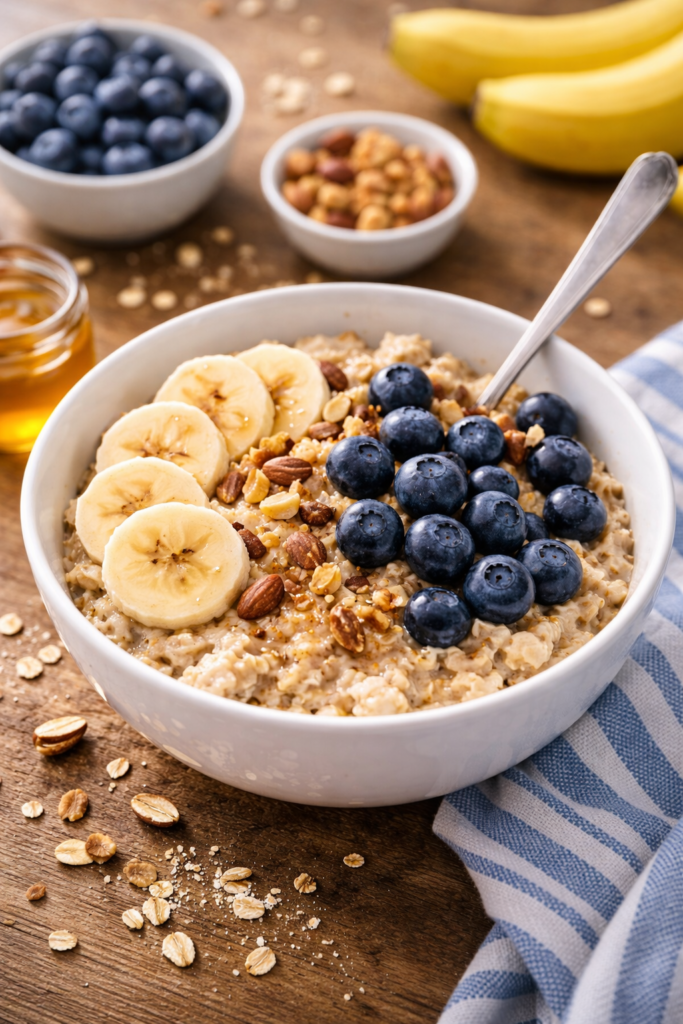 Pożywna owsianka zawierająca owoce, orzechy i banany