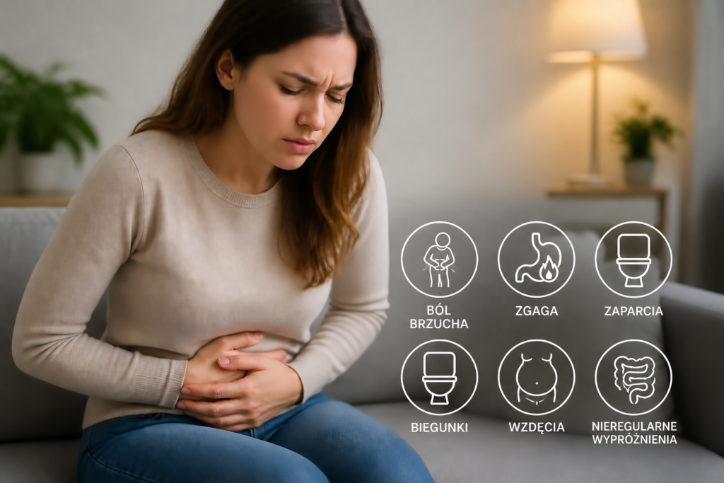 Kobieta trzyma się za brzuch, symptomy dysbiozy jelitowej